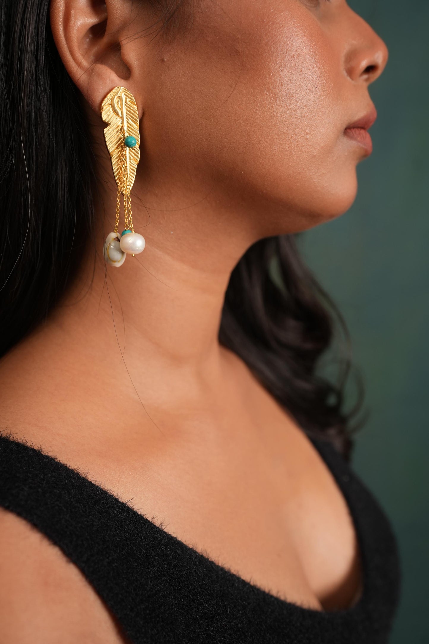 GOLDEN HOUR LEAF PEARL DROP EARRINGS